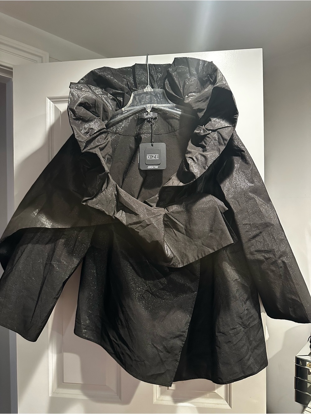 Black Sparkle Ruffle-Collar Cape Jacket